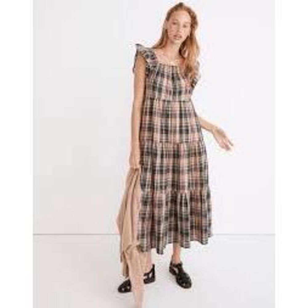 Madewell Flutter-Sleeve Tiered Midi Dress in Plaid size XS